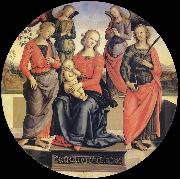 Pietro vannucci called IL perugino The Virgin and the Nino acompanados for two angeles, Holy Rose and Holy Catalina Spain oil painting artist